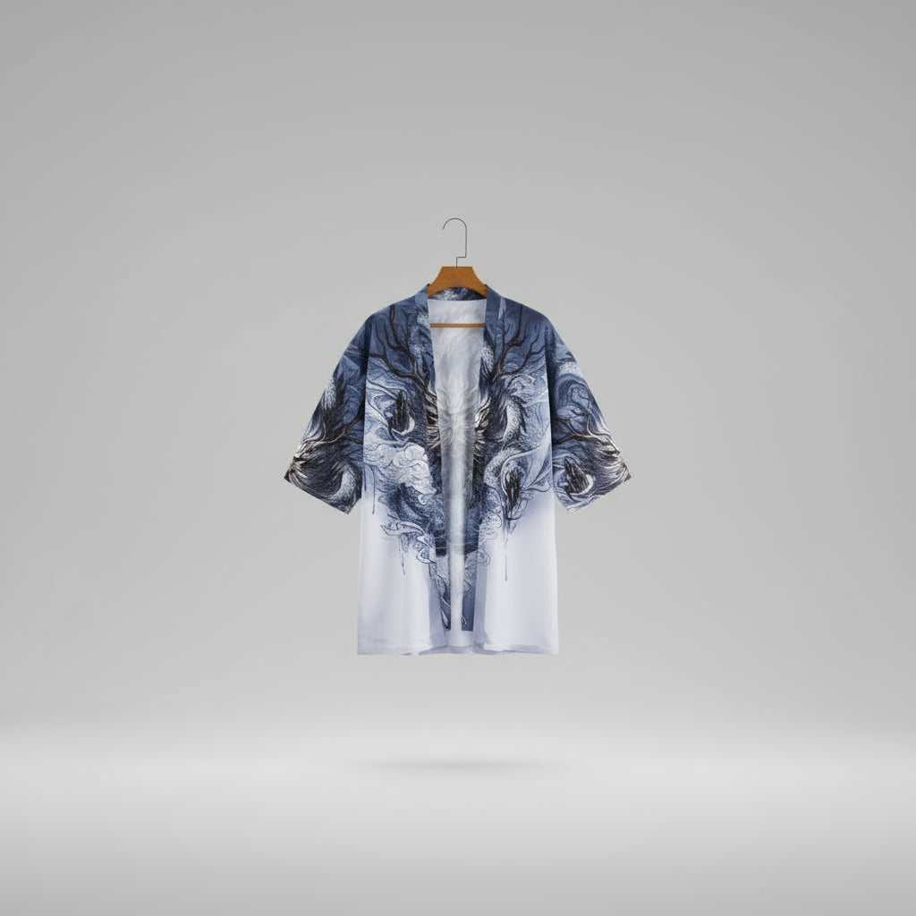Kimono-style garment with dragon design on a white background
