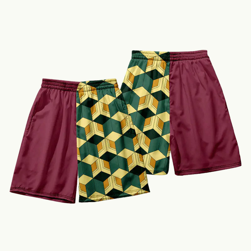 Maroon shorts with a geometric pattern on a white background