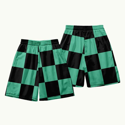 Green and black checkered shorts on a white background