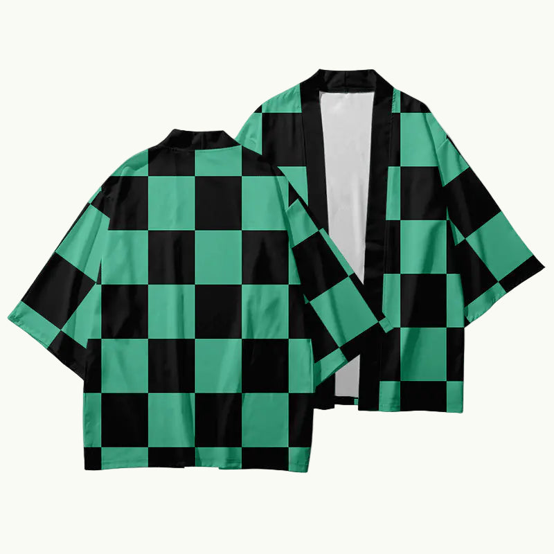 Green and black checkered kimono-style jacket on a white background