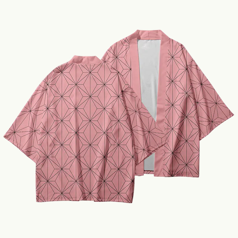 Pink kimono with geometric pattern on a white background