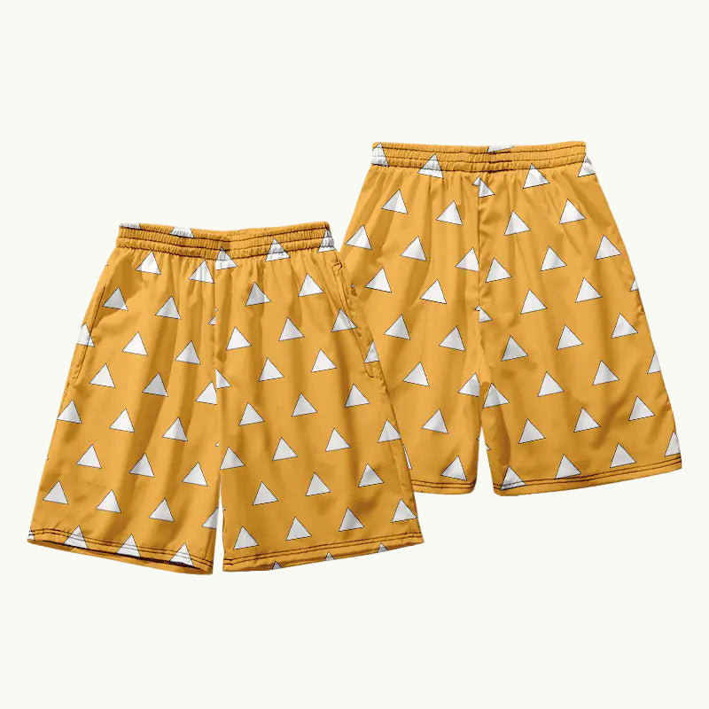 Yellow shorts with white triangle pattern on a white background