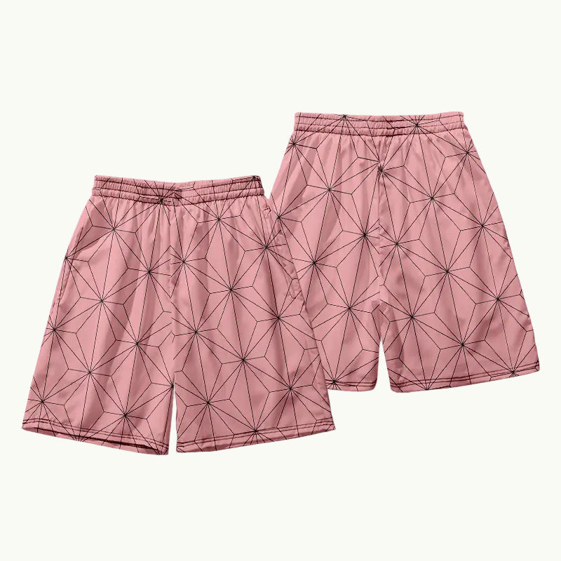 Pink shorts with geometric pattern on a white background