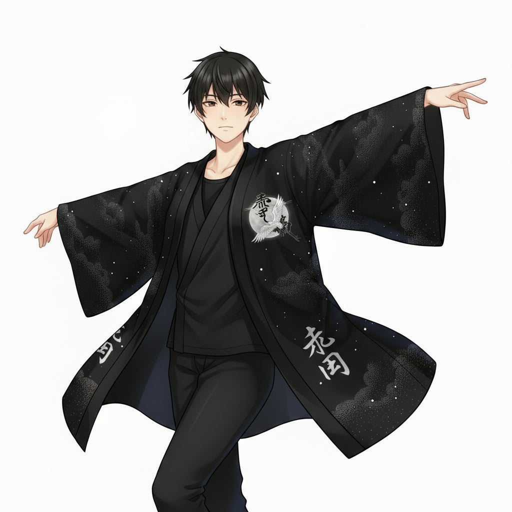 Black kimono-style jacket with white and red designs on a white background