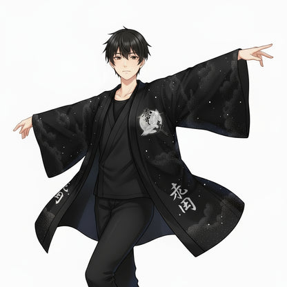 Black kimono-style jacket with white and red designs on a white background