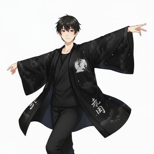 Black kimono-style jacket with white and red designs on a white background