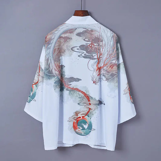 Japanese Style Kimono Cardigan with Ukiyo-e Dragon Print