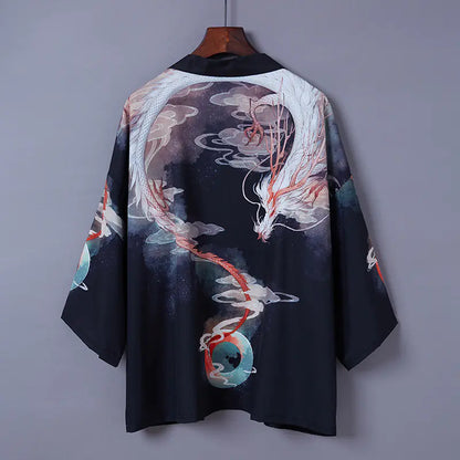 Traditional Japanese kimono with dragon design on a gray background
