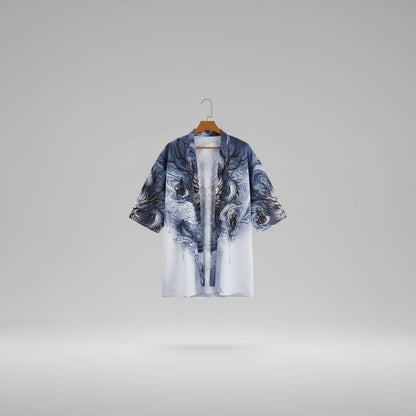 Kimono-style garment with dragon design on a white background