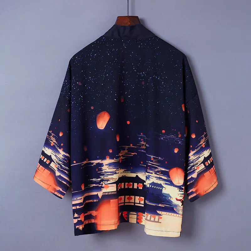 Kimono with a night scene design featuring lanterns and traditional architecture on a gray background