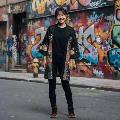 Traditional Japanese kimono with colorful designs and text on a white background