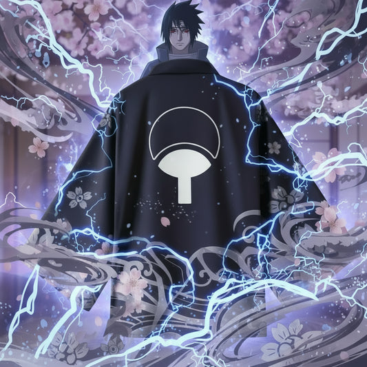 Navy blue kimono with white floral patterns and a symbol on a hanger against a white background