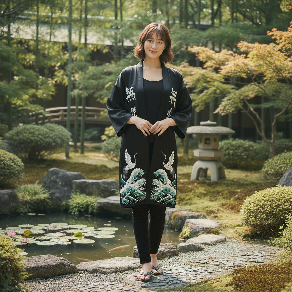 Woman wearing a black kimono with white and blue designs on a white background