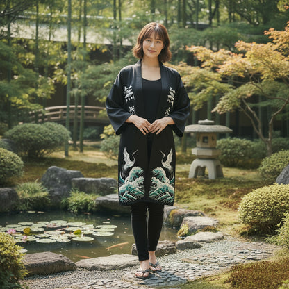 Woman wearing a black kimono with white and blue designs on a white background