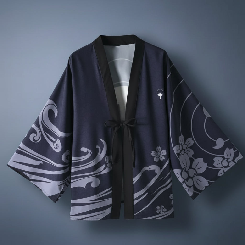 Navy blue kimono with white floral patterns on a hanger against a white background