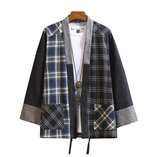 Men's Chinese Style Kimono Plaid Cardigan T-Shirt