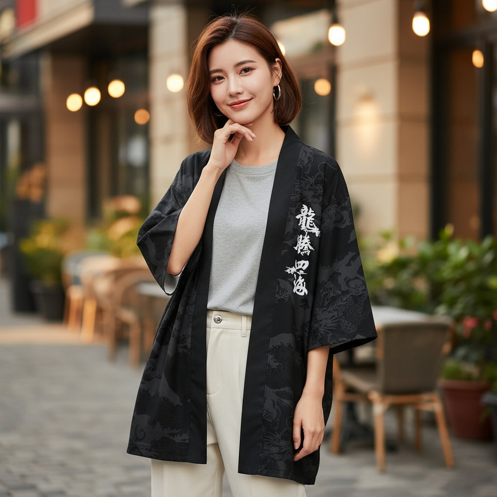 Black kimono-style jacket with dragon design and text on a white background