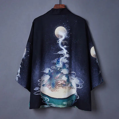 Kimono-style garment with celestial design on a gray background
