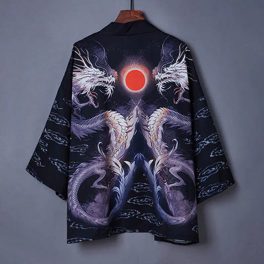 Japanese Style Kimono Cardigan with Ukiyo-e Dragon Print